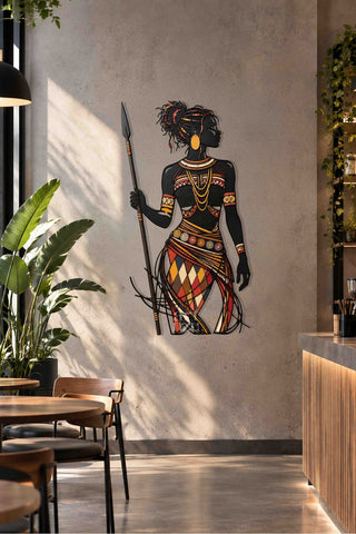 artnzu Afrikalı Kadın Savaşçı Renkli Metal Duvar Tablosu