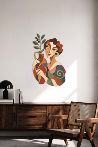 artnzu Amforalı Kadın Zeytin Dalı Renkli Metal Duvar Tablosu