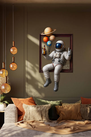 artnzu Kozmik Mola Astronot Renkli Metal Duvar Tablosu