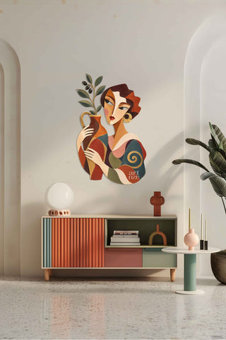 artnzu Amforalı Kadın Zeytin Dalı Renkli Metal Duvar Tablosu