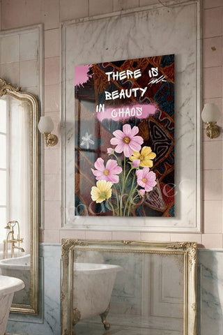 "Beauty in Chaos" Sanatsal Çiçek ve Graffiti Cam Tablo