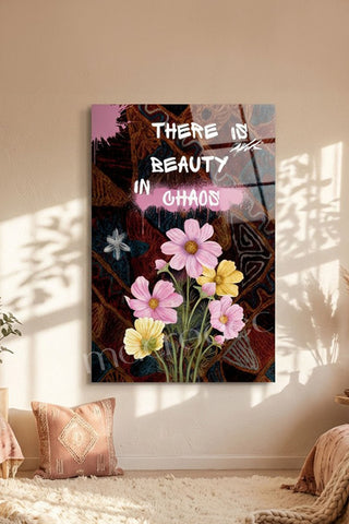 "Beauty in Chaos" Sanatsal Çiçek ve Graffiti Cam Tablo