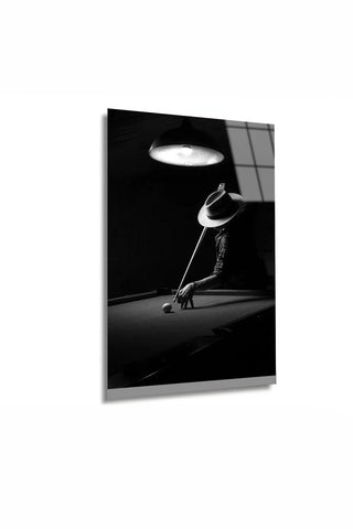 Billiards Player Retro Siyah Beyaz Cam Tablo
