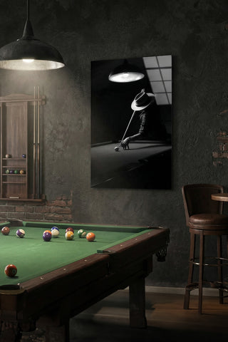 Billiards Player Retro Siyah Beyaz Cam Tablo