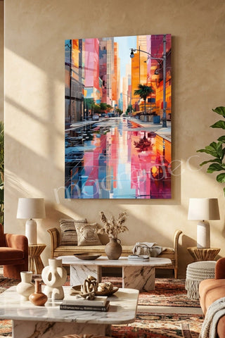 "City Reflections" Modern Şehir Manzarası Cam Tablo