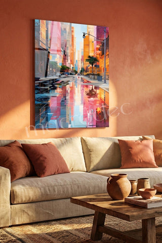 "City Reflections" Modern Şehir Manzarası Cam Tablo