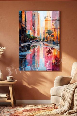 "City Reflections" Modern Şehir Manzarası Cam Tablo