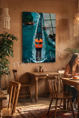 "Coastal Express" Sahil Hattı ve Turuncu Tren Modern Cam Tablo