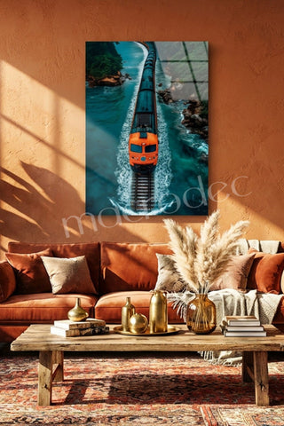 "Coastal Express" Sahil Hattı ve Turuncu Tren Modern Cam Tablo