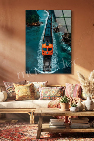 "Coastal Express" Sahil Hattı ve Turuncu Tren Modern Cam Tablo