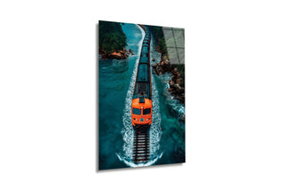 "Coastal Express" Sahil Hattı ve Turuncu Tren Modern Cam Tablo
