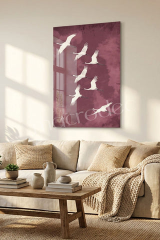 "Cranes in Flight" Zarif Turna Kuşları Cam Tablo