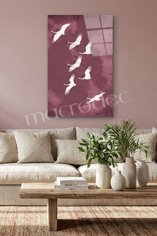 "Cranes in Flight" Zarif Turna Kuşları Cam Tablo