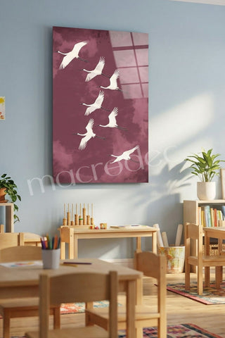 "Cranes in Flight" Zarif Turna Kuşları Cam Tablo