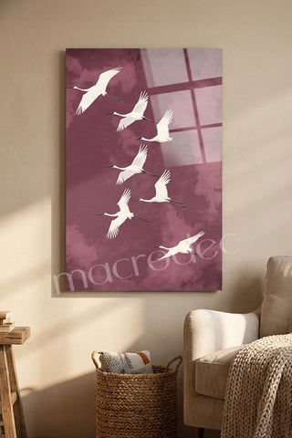 "Cranes in Flight" Zarif Turna Kuşları Cam Tablo