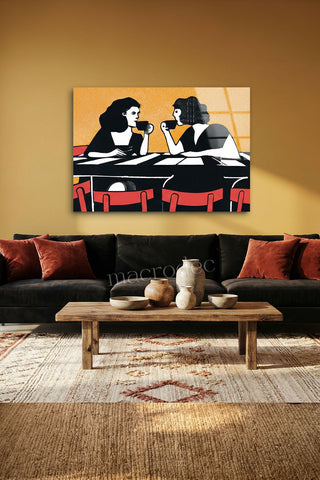 "Kahve Sohbeti" Retro Stil Modern Cam Tablo