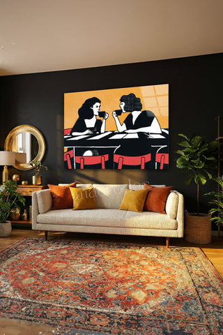 "Kahve Sohbeti" Retro Stil Modern Cam Tablo