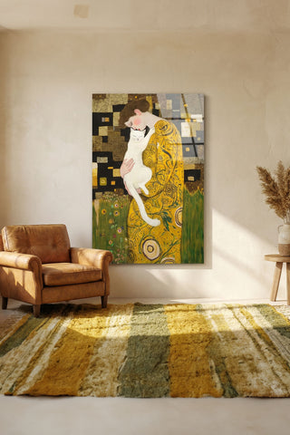 "Klimt Stil Kedili Kadın" Sanatsal Cam Tablo