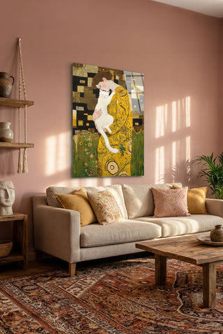 "Klimt Stil Kedili Kadın" Sanatsal Cam Tablo