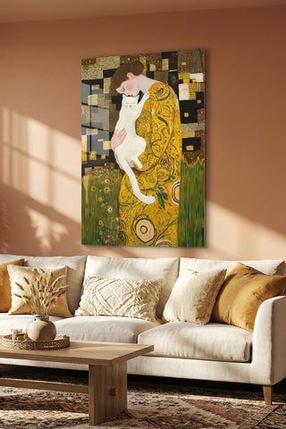 "Klimt Stil Kedili Kadın" Sanatsal Cam Tablo