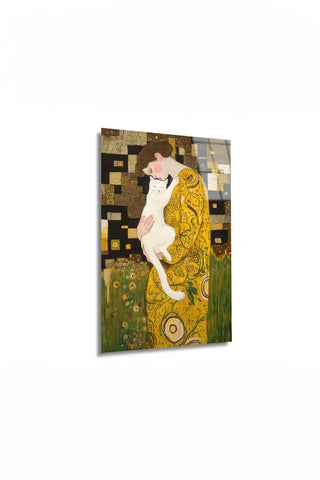 "Klimt Stil Kedili Kadın" Sanatsal Cam Tablo