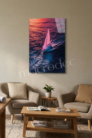 "Shimmering Voyage" Yelkenli ve Gün Batımı Modern Cam Tablo