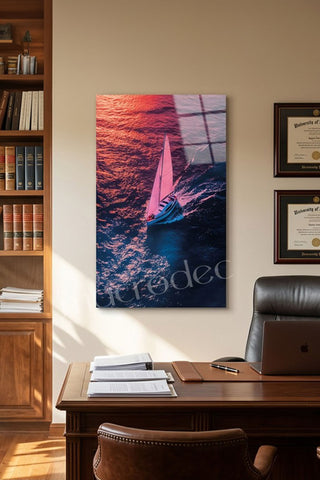 "Shimmering Voyage" Yelkenli ve Gün Batımı Modern Cam Tablo