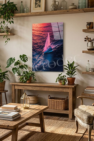"Shimmering Voyage" Yelkenli ve Gün Batımı Modern Cam Tablo