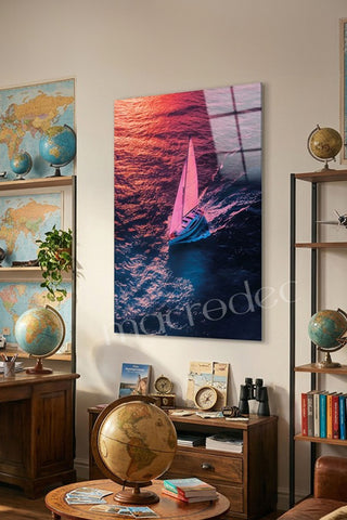 "Shimmering Voyage" Yelkenli ve Gün Batımı Modern Cam Tablo