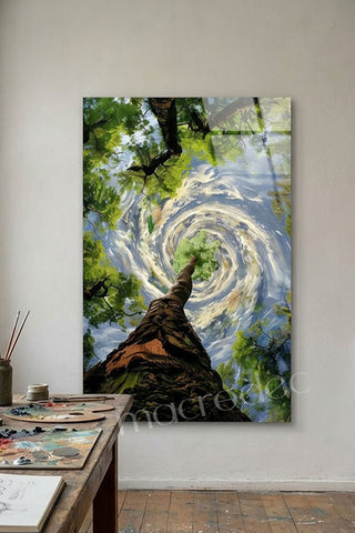 "Sky Vortex: Ormanın Kozmik Girdabı" Sanatsal Cam Tablo