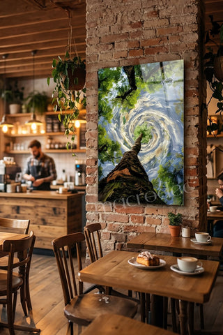 "Sky Vortex: Ormanın Kozmik Girdabı" Sanatsal Cam Tablo