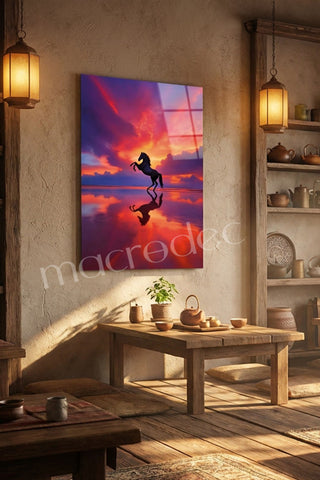 Golden Sunset Horse" Şahlanan At Cam Tablo