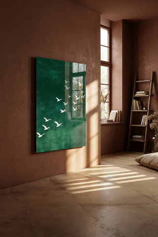 Turna Kuşları Yeşil Zen Stil Modern Cam Tablo