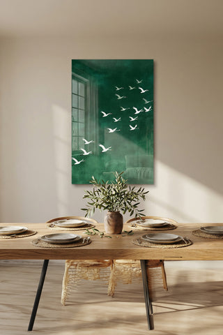 Turna Kuşları Yeşil Zen Stil Modern Cam Tablo