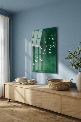 Turna Kuşları Yeşil Zen Stil Modern Cam Tablo