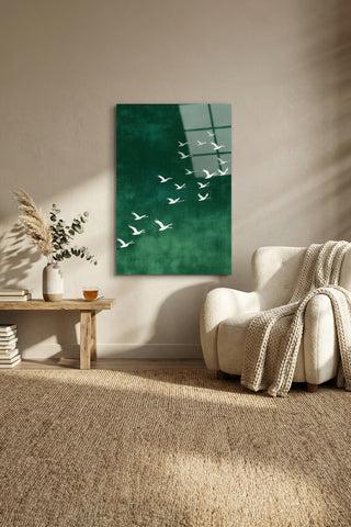 Turna Kuşları Yeşil Zen Stil Modern Cam Tablo