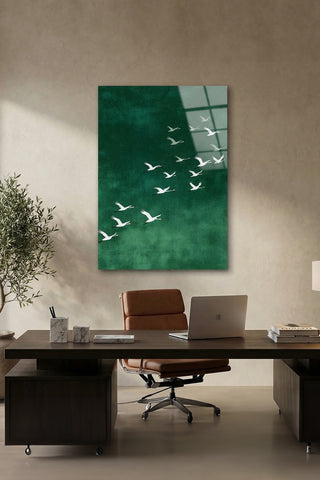 Turna Kuşları Yeşil Zen Stil Modern Cam Tablo