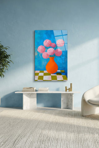 "Vazoda Pembe Çiçekler" Modern Sanat Cam Tablo