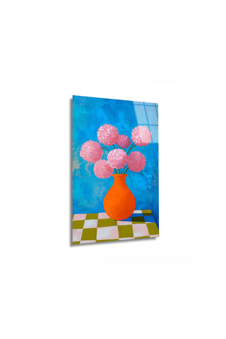 "Vazoda Pembe Çiçekler" Modern Sanat Cam Tablo