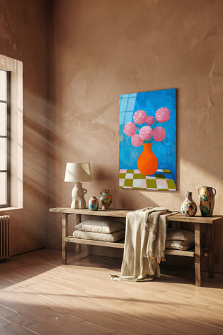 "Vazoda Pembe Çiçekler" Modern Sanat Cam Tablo