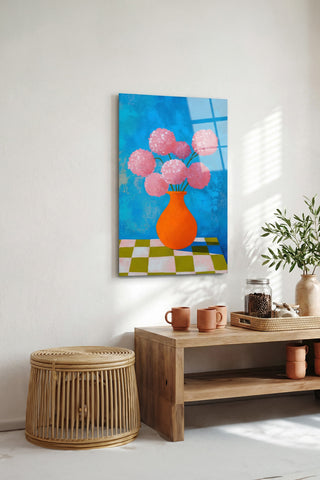 "Vazoda Pembe Çiçekler" Modern Sanat Cam Tablo