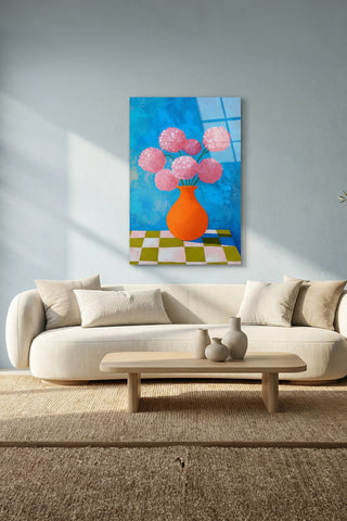 "Vazoda Pembe Çiçekler" Modern Sanat Cam Tablo