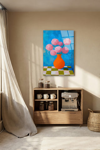 "Vazoda Pembe Çiçekler" Modern Sanat Cam Tablo