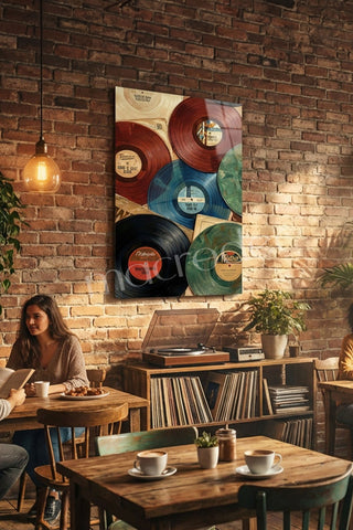 "Vintage Vinyl Hits: Müziğin Zamansız Ruhu" Sanatsal Cam Tablo