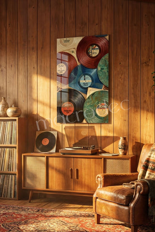"Vintage Vinyl Hits: Müziğin Zamansız Ruhu" Sanatsal Cam Tablo