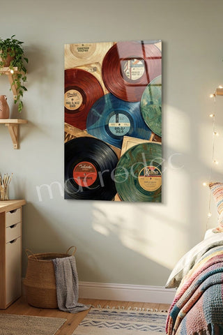 "Vintage Vinyl Hits: Müziğin Zamansız Ruhu" Sanatsal Cam Tablo