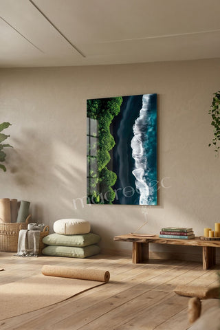 Volcanic Shore: Siyah Kum ve Orman" Sanatsal Cam Tablo