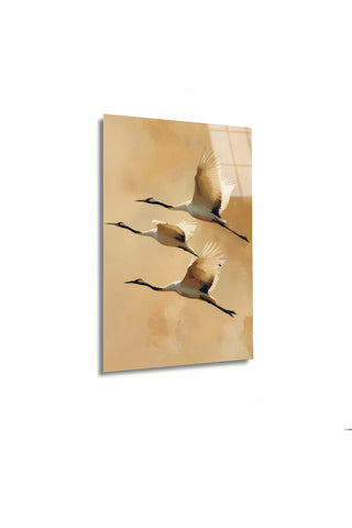 "Zen Esintisi" Minimalist Uçan Turna Kuşları Cam Tablo