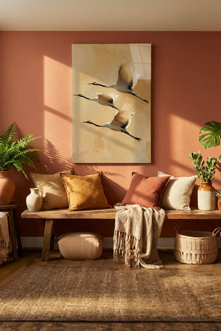 "Zen Esintisi" Minimalist Uçan Turna Kuşları Cam Tablo