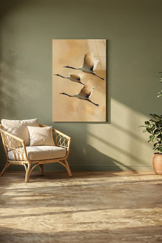 "Zen Esintisi" Minimalist Uçan Turna Kuşları Cam Tablo
